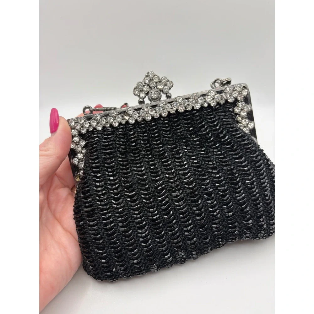 Vtg Black Beaded Evening Bag Rhinestone Frame Kiss Lock Clutch Gunmetal‎ Chain